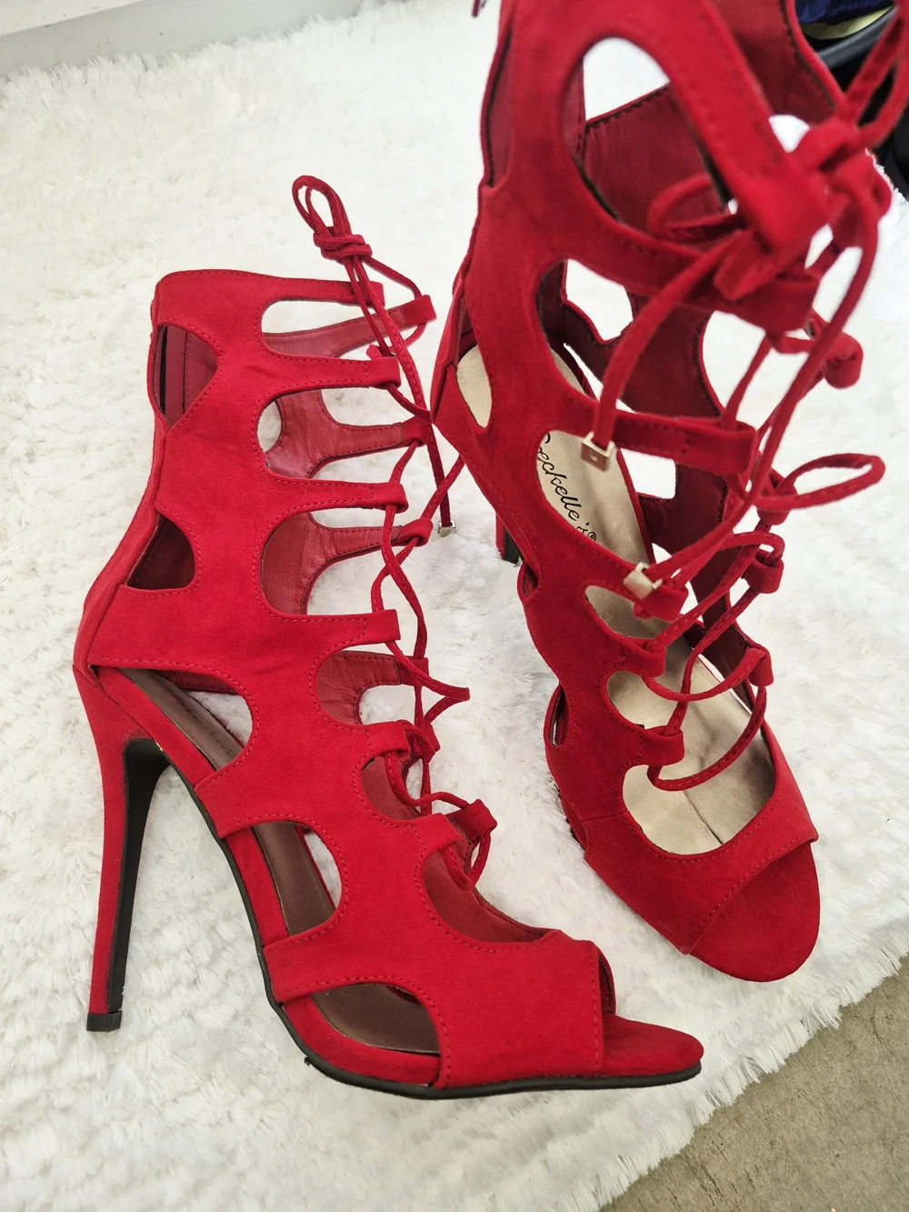 Red Suede Lace-Up Cutout Heels